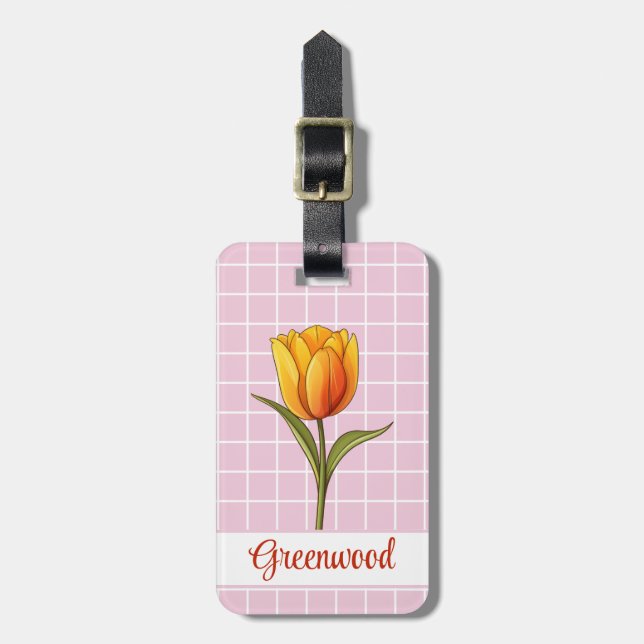 Orange Tulpan, Rosa Vitt Rutnät, Anpassad Bagagebricka (Vertikal Framsida)
