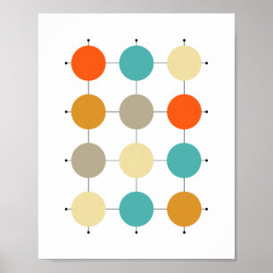 Orange Turcoise Cream Tan Circles on Grid Poster