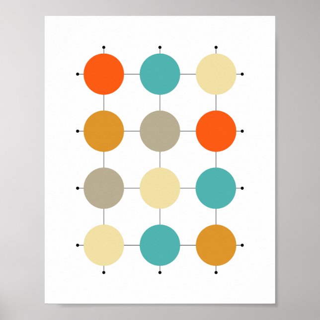 Orange Turcoise Cream Tan Circles on Grid Poster (Framsidan)