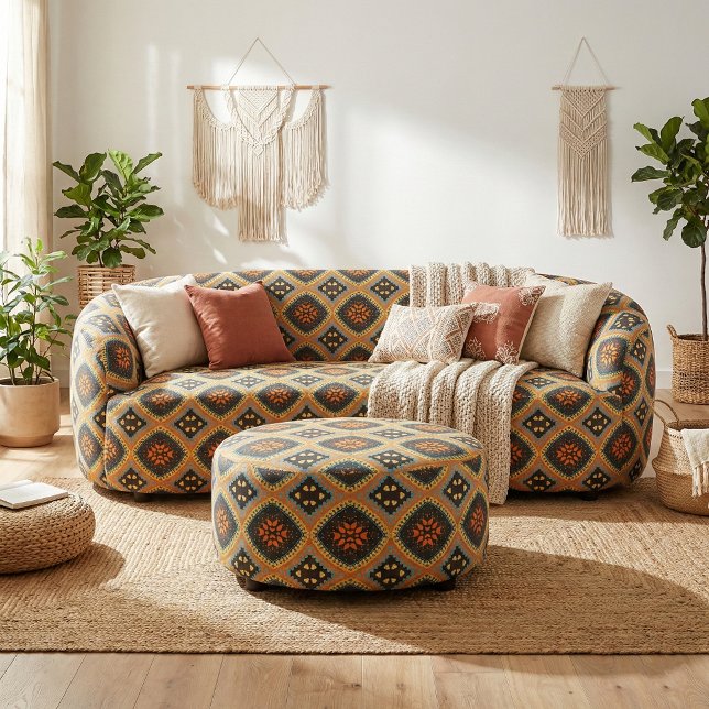 Orange Turcos Black Ethnic Boho Mönster Tyg (Skapare uppladdad)