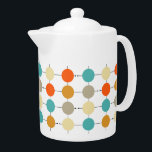 Orange Turcos Cream Circles Retro Mönster<br><div class="desc">Den här färgstarka moderna tepotten i mitten av århundradet har turkosblått,  två nyanser av orange,  kräm och stearincirklar på ett svart rutnät. Lägg till lite roligt till tetiden!</div>