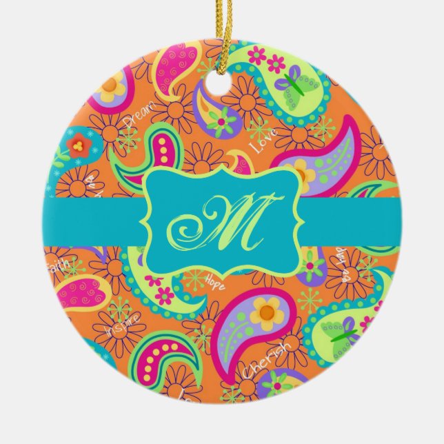 Orange Turcos Modern Paisley Mönster Monogram Julgransprydnad Keramik (Framsidan)