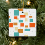 Orange Turcos Squares Mid Century-jul Julgransprydnad Keramik<br><div class="desc">Detta fantastiska medelårhundrade moderna,  stilade keramiska prydnadsföremål har fyrkanter,  rektanglar,  linjer och prickar - i färg av turkosa blått,  orange,  grädde och svart. Lägg till den roligten till din vän Julgran!</div>