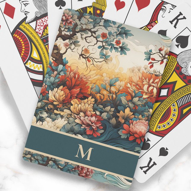 Orange Turkos Blommor Löv Monogram Initial Casinokort (Elegant orange and teal flowers and leaves monogram playing cards)