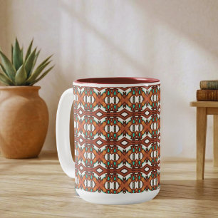 Orange, Turkos, Brun Tribal Symmetri Två-Tonad Mugg