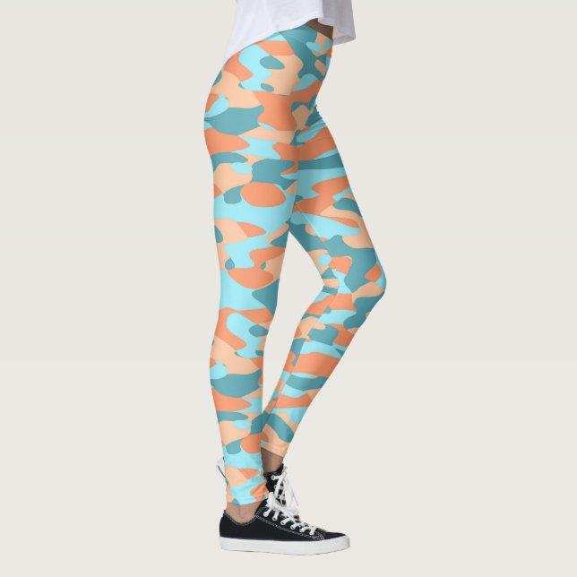 Orange Turkos Teal Blue Camouflage Mönster Leggings (Höger)