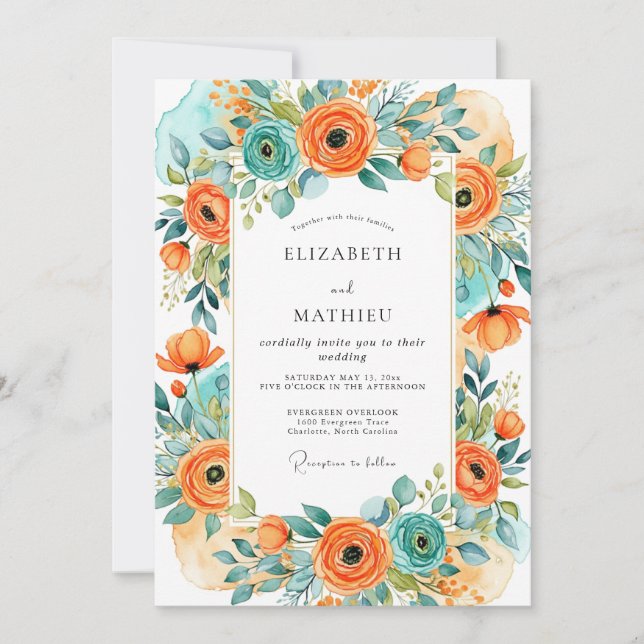 Orange Turquoise Alluring Summer Wedding Inbjudningar (Framsida)