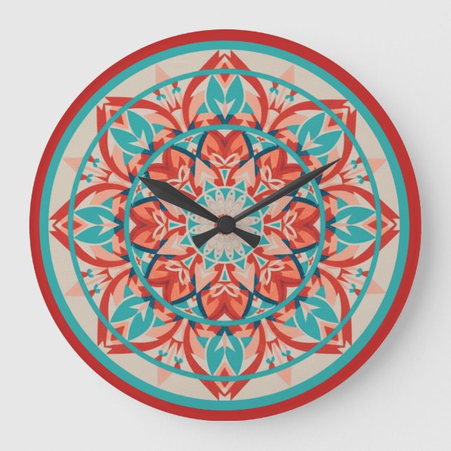 Orange & Turquoise Boho Mandala  Large Clock Stor Klocka (Framsida)