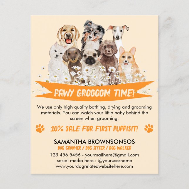 Orange Tusenskönas Blommig Design för Hundfrisörer Flygblad (Framsidan)