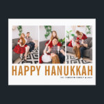 Orange Typography Photo Collage Lycklig Hanukah Helg Vykort<br><div class="desc">Lycklig Hanukkah! Anpassade Lycklig Hanukkah-fotosamlingskort med orange enkel typografi och snö mönster. Anpassa genom att lägga till tre foton,  namn,  år och annan information. Detta moderna vykort för Hanukkah finns i andra färg och andra djurhållare.</div>