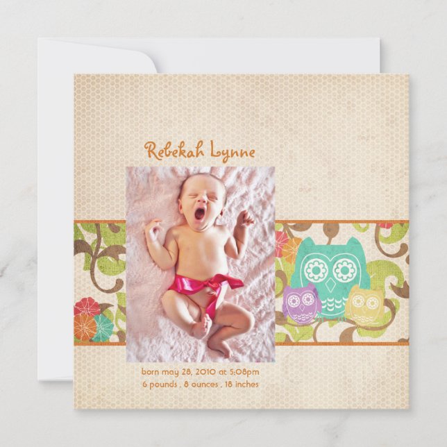 Orange Uggla Baby Tillkännagivande för födelse Meddelande (Framsida)