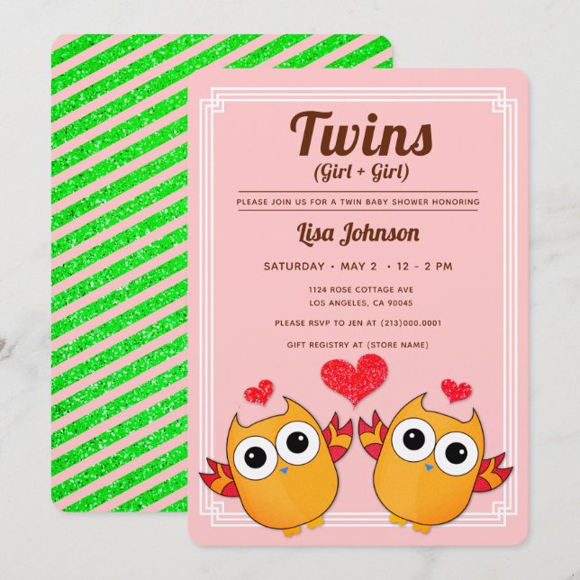 Orange Ugglor Twin Girls Red Rand Baby Shower Inbjudningar (Fram/baksida)