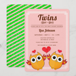 Orange Ugglor Twin Girls Red Rand Baby Shower Inbjudningar