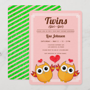 Orange Ugglor Twin Girls Red Rand Baby Shower Inbjudningar