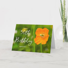 Orange Vallmo Blomma På Grön Glad 50-årsdag Kort