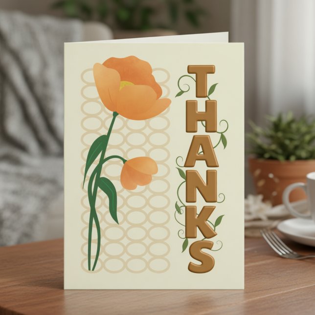 Orange Vallmo Stil Med Brons Text Tack Kort (Hand‑drawn flowers, customizable message. Your gratitude, your style.)