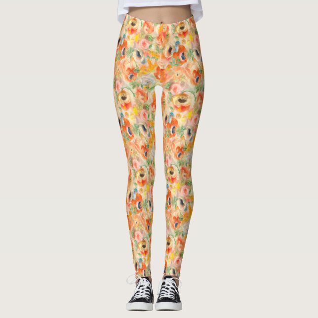 Orange Vår blommor Leggings (Framsida)