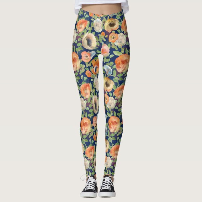 Orange Vår blommor Leggings (Framsida)