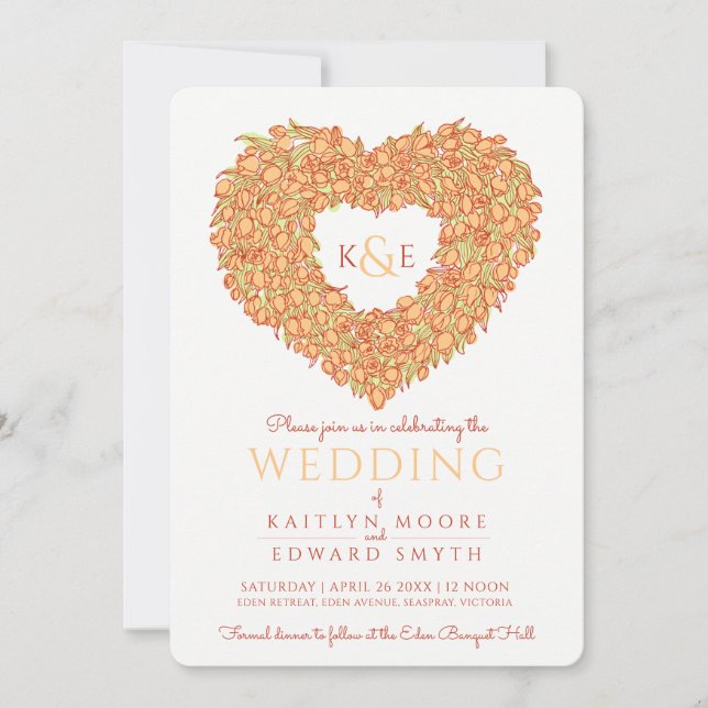 Orange vår tulpaner, hjärtkonst bröllop inbjudningar (Framsida)