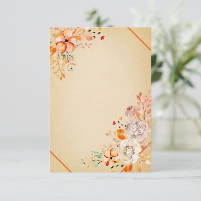 Orange vattenfärg blommig på pergament bröllopsinb inbjudningar (Stående Fram)