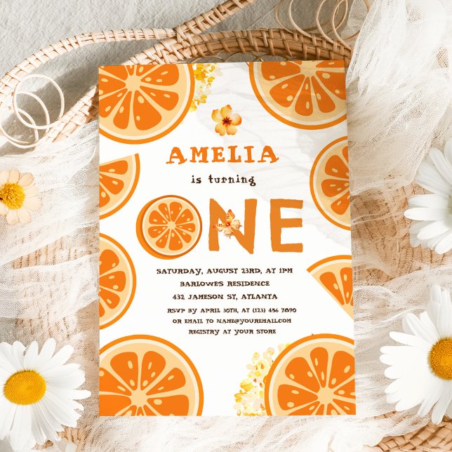 Orange Vattenfärg Citrus Baby Första födelsedag Inbjudningar (Orange Watercolor Citrus Baby First Birthday Invitation)