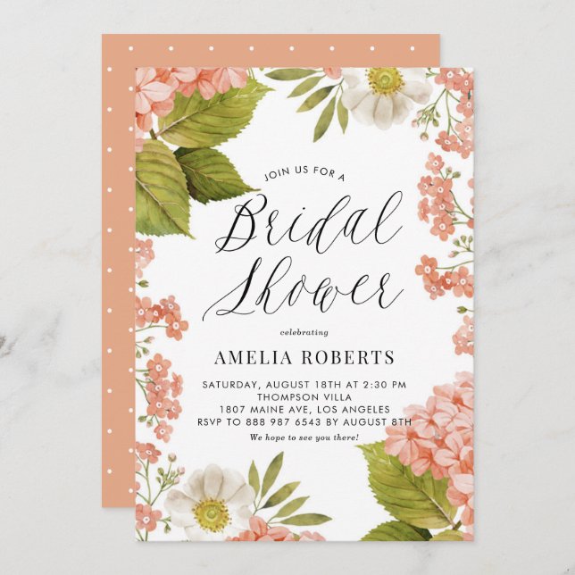 Orange Vattenfärg Hydrangea Blommigt Möhippa Inbjudningar (Fram/baksida)