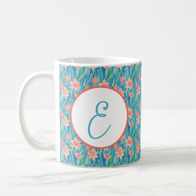 Orange vattenfärg narciss mönster monogram kaffemugg (Vänster)