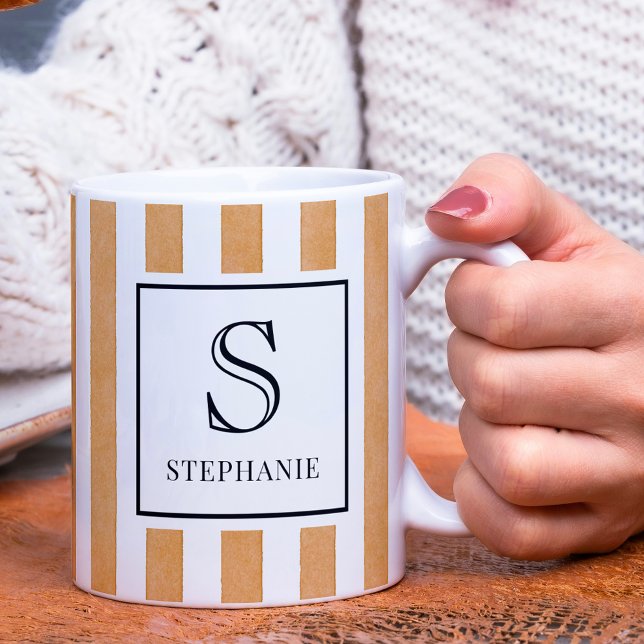 Orange Vattenfärg Ränder Mönster Monogram & Namn Kaffemugg (Skapare uppladdad)