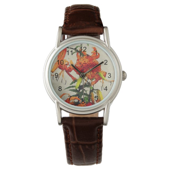 Orange Vattenfärg Tigerlily 1 Armbandsur (Framsida)