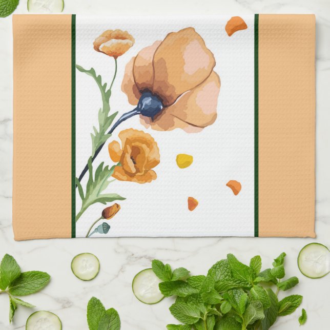 Orange vattenfärg vallmo  kökshandduk (Vikta)