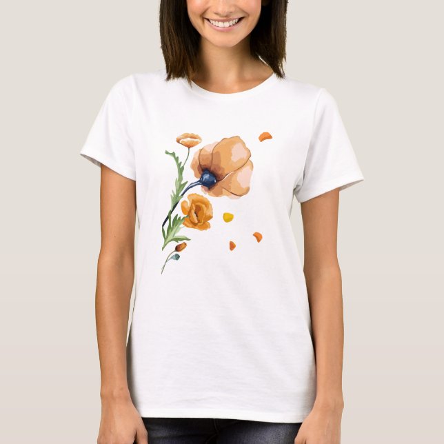 Orange vattenfärg vallmo  t shirt (Framsida)