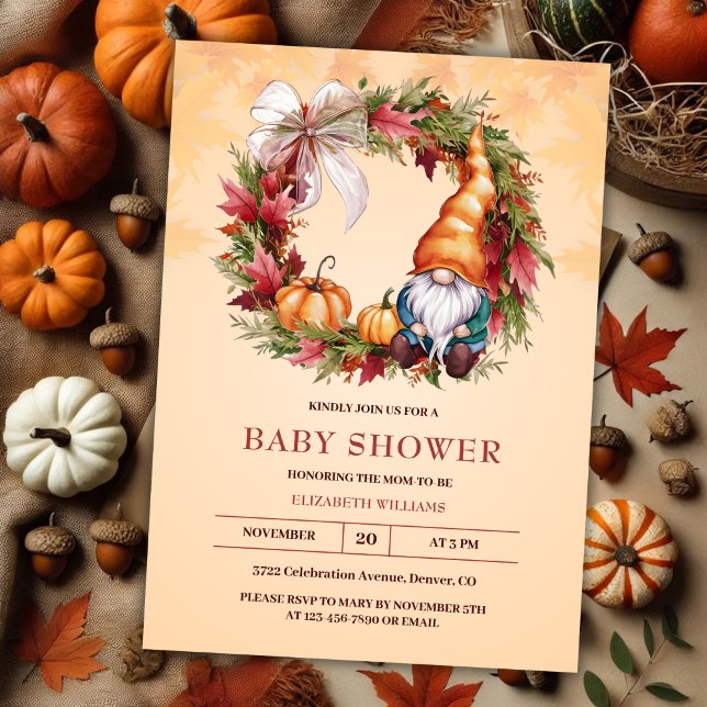 Orange Vattenfärgad Gnome Pumpkin Fall Baby Shower Inbjudningar (Orange Watercolor Gnome Pumpkin Fall Baby Shower Invitation)
