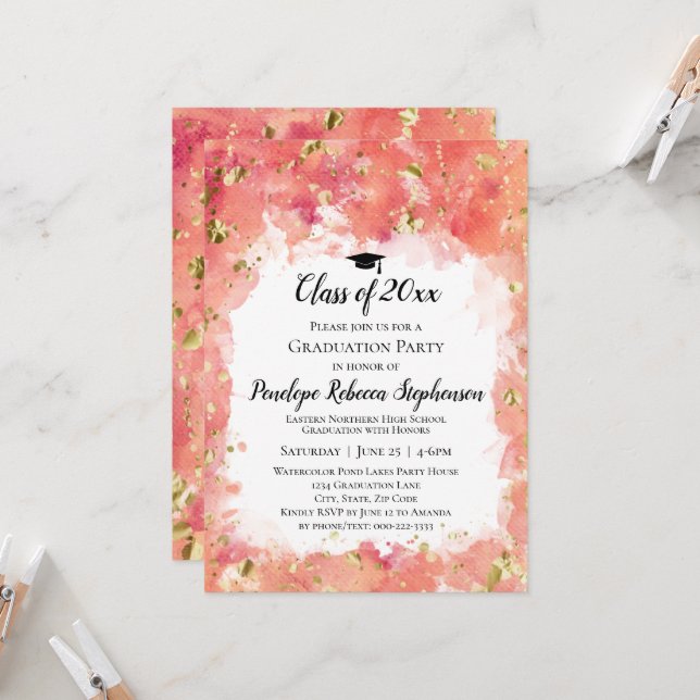 Orange Vattenfärgens Guld-platterStudentfest Inbjudningar (Fram/Back In Situ)