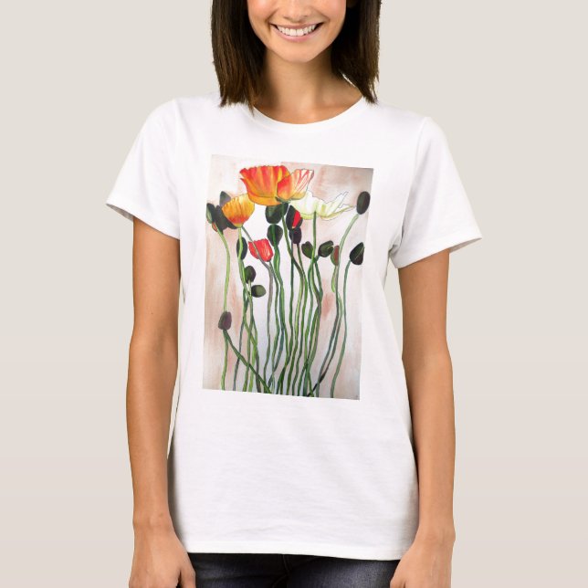 Orange Vattenfärgsbild för vallmoblommor T Shirt (Framsida)