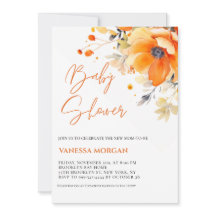 Orange Vattenfärgsblommor Babyduschinbjudan