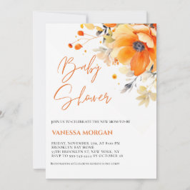 Orange Vattenfärgsblommor Babyduschinbjudan Inbjudningar