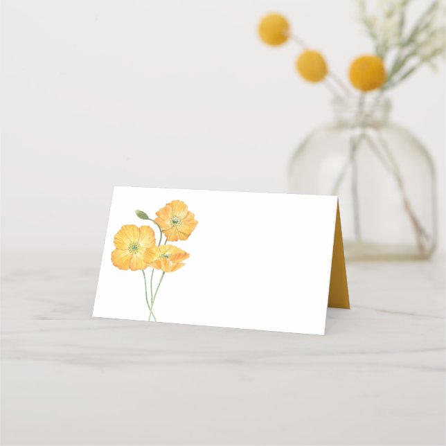Orange Vattenfärgspopies II Blommigt Bröllop Placeringskort (Framsida)
