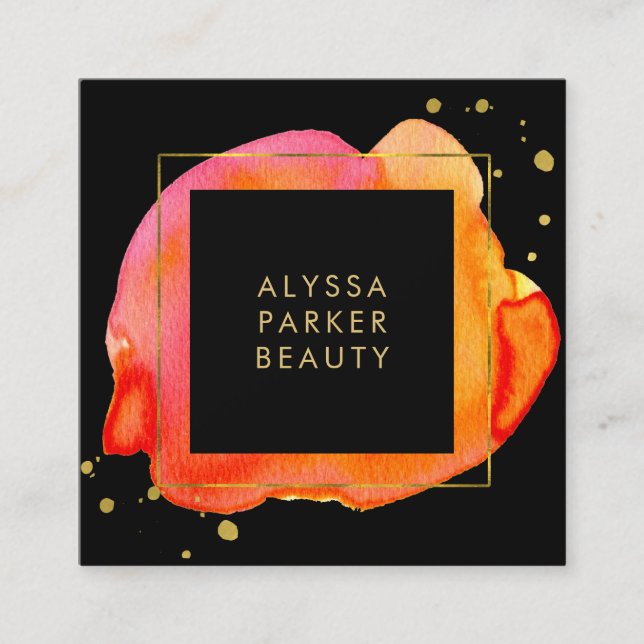 Orange vattenfärgstänk på svart med guld fyrkantigt visitkort (Framsida)
