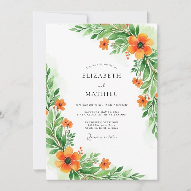 Orange Verdant Botanical Wedding Inbjudningar (Framsida)