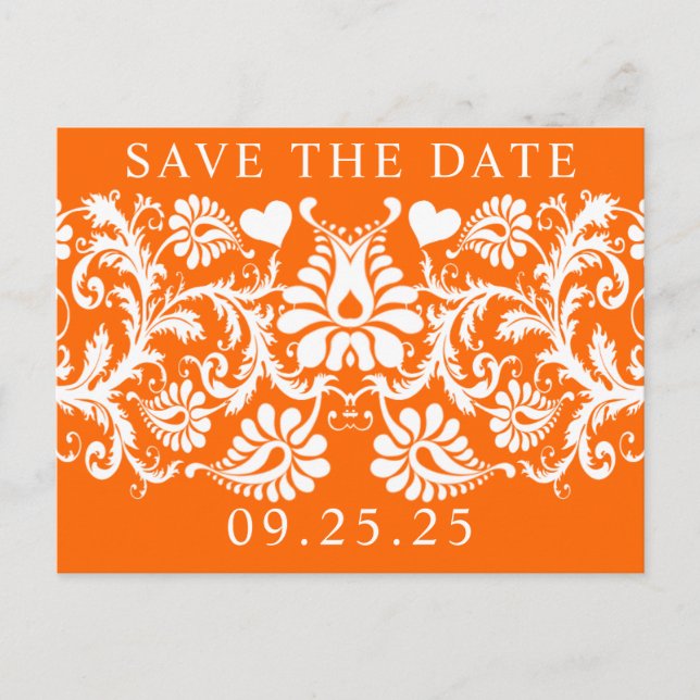 Orange Viktorian Blommigt Damask Spara datum Meddelande Vykort (Framsida)