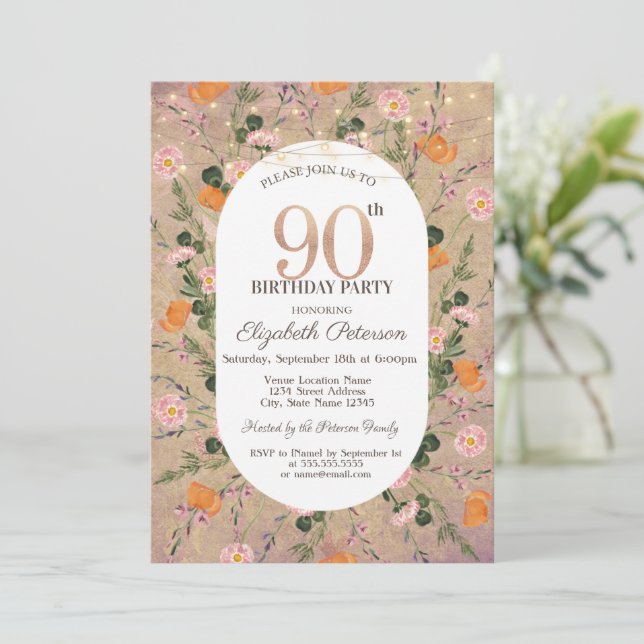 Orange Vilda Blommor Strängljus 90-årsdag Inbjudningar (Stående Fram)