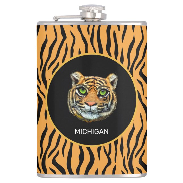 Orange vilda tiger ansikte på tiger skinn mönster fickplunta (Framsidan)