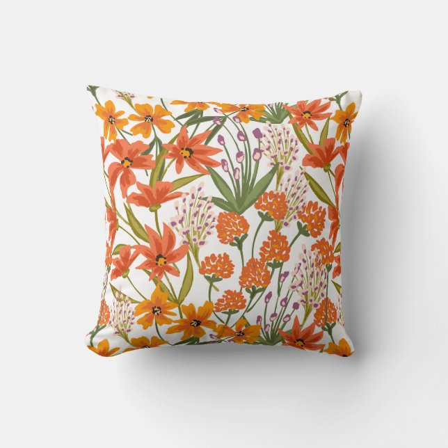 Orange Vildblomma Botaniskt Mönster  Kudde (Framsida)