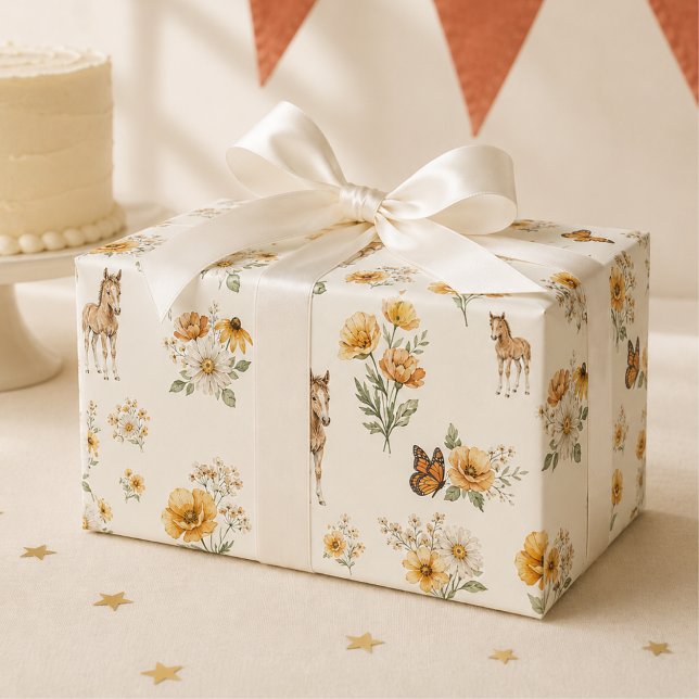 Orange Vildblomma Häst och Fjärilsmönster  Presentpapper (Skapare uppladdad)