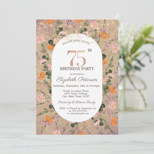 Orange vildblomsterlyskedja 75-årsdag inbjudningar (Stående Fram)