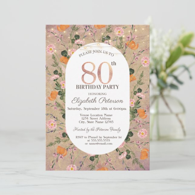 Orange vildblomsterlyskedja 80-årsfirande inbjudningar (Stående Fram)
