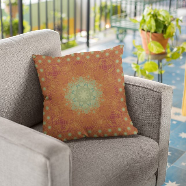 Orange Vin Sage Grönt Vågigt Mandala Tile Kudde (Skapare uppladdad)