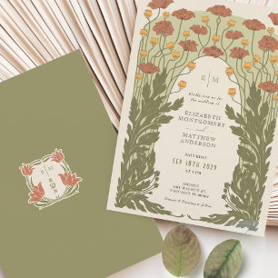 Orange Vintage Art nouveau Blommigt Bröllop Inbjudningar