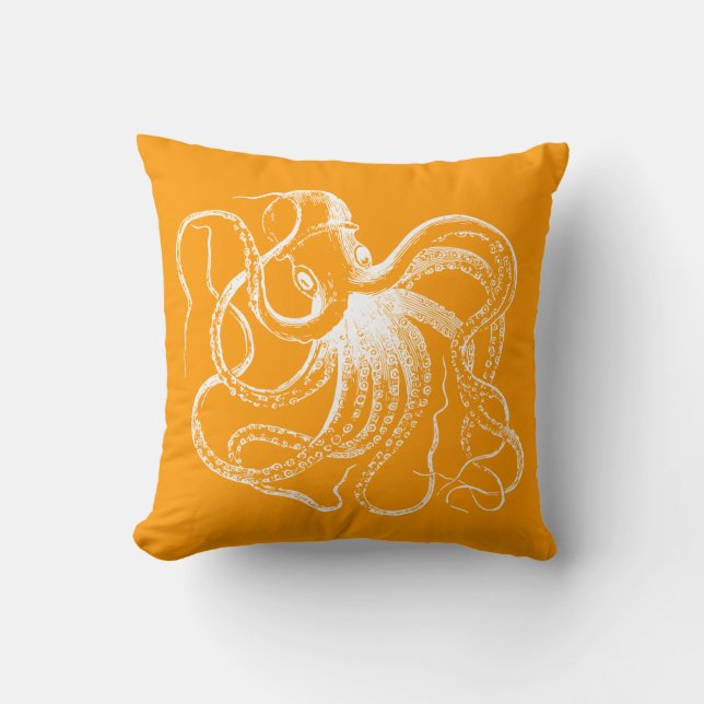 Orange Vintage Octopus & Nautical Rand Kudde (Framsida)