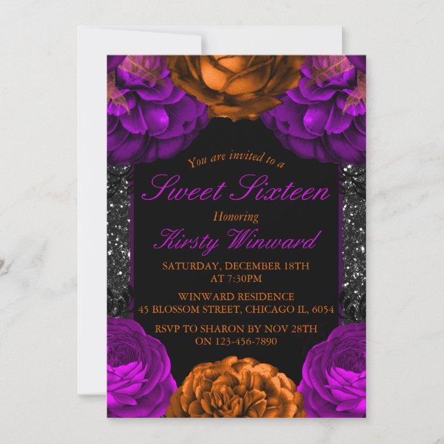 Orange Violetta Blommor Halloween Sweet 16 Inbjudningar (Framsida)